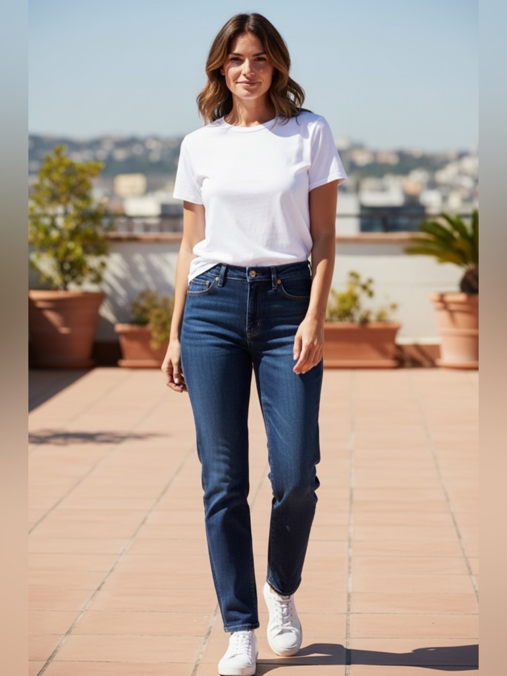 GAP Cheeky Straight High Rise Jeans - Dark Blue with Yellow Stitching.